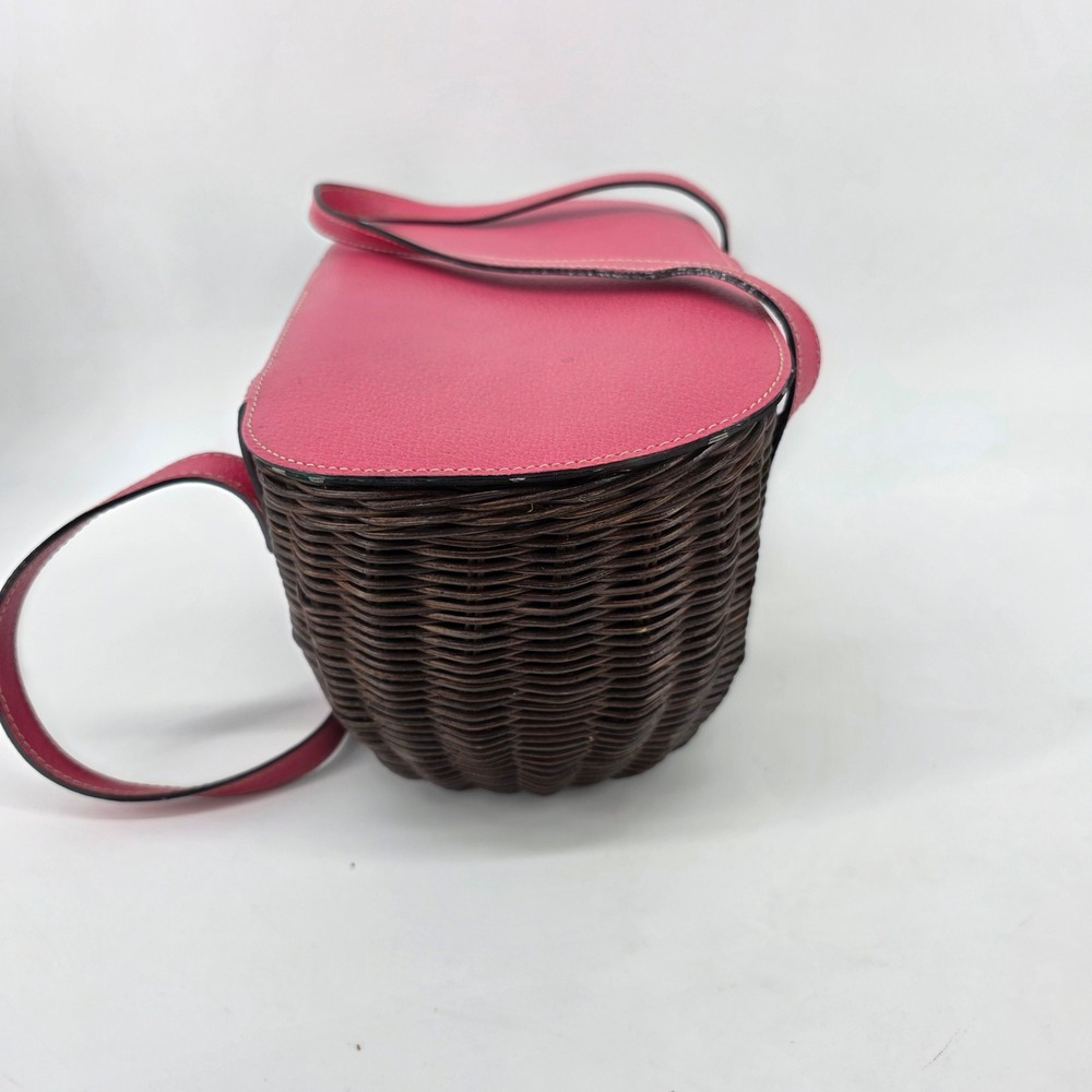 Kate Spade Pink Leather Dark Brown Wicker Picnic Basket Polka Dot Satchel Bag - Picture 13 of 13
